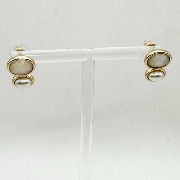 Preppy Pierced Stud Earrings Faceted Double Faux Pearl Faux Opal Casual - Picture 5 of 11